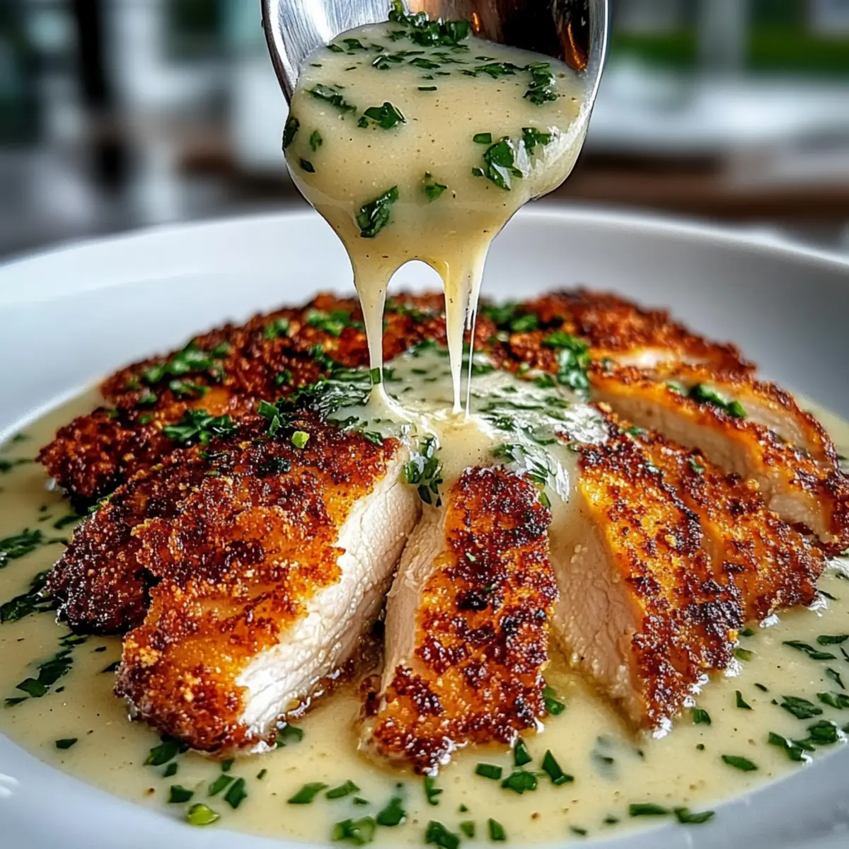 Creamy Parmesan Crusted Chicken with Garlic Sauce