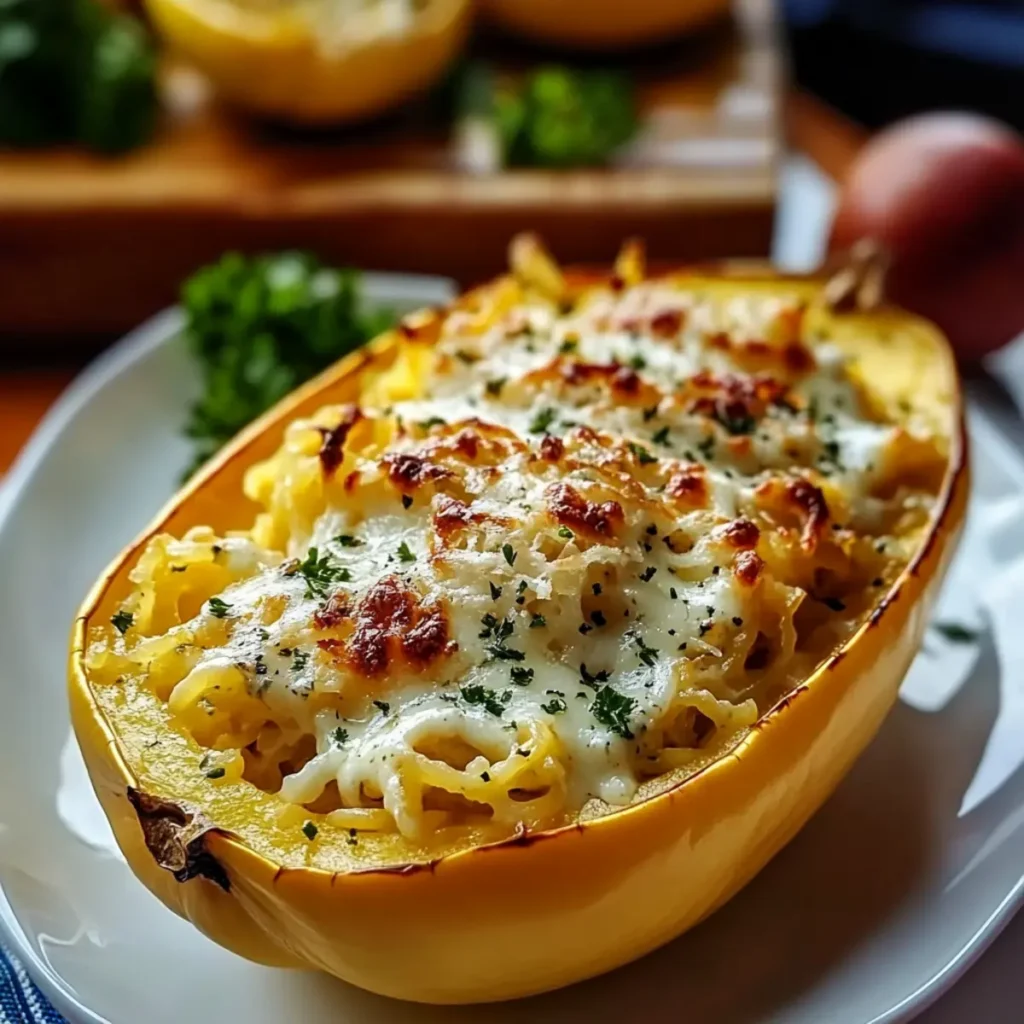 Roasted Spaghetti Squash With Alfredo Sauce and Cheese