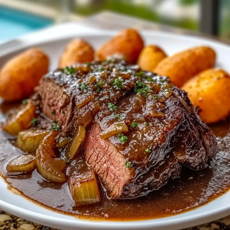 Dutch Oven Pot Roast Beef With French Onion Gravy