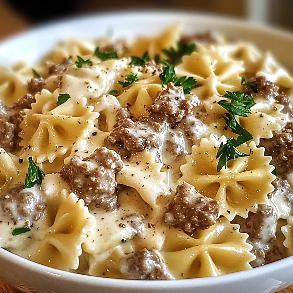 Beef and Bowtie Pasta with Alfredo Sauce