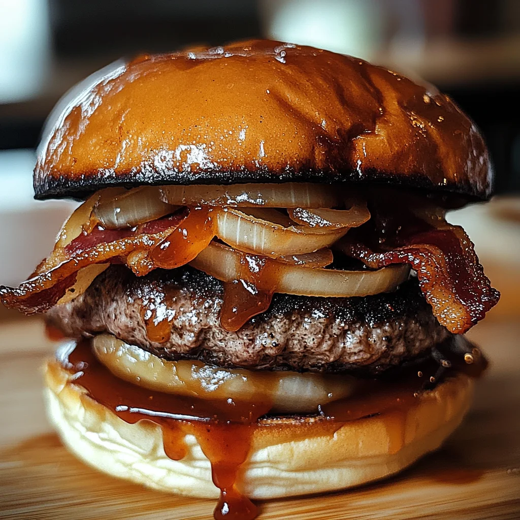 Maple Bourbon BBQ Bacon Burger with Caramelized Onions